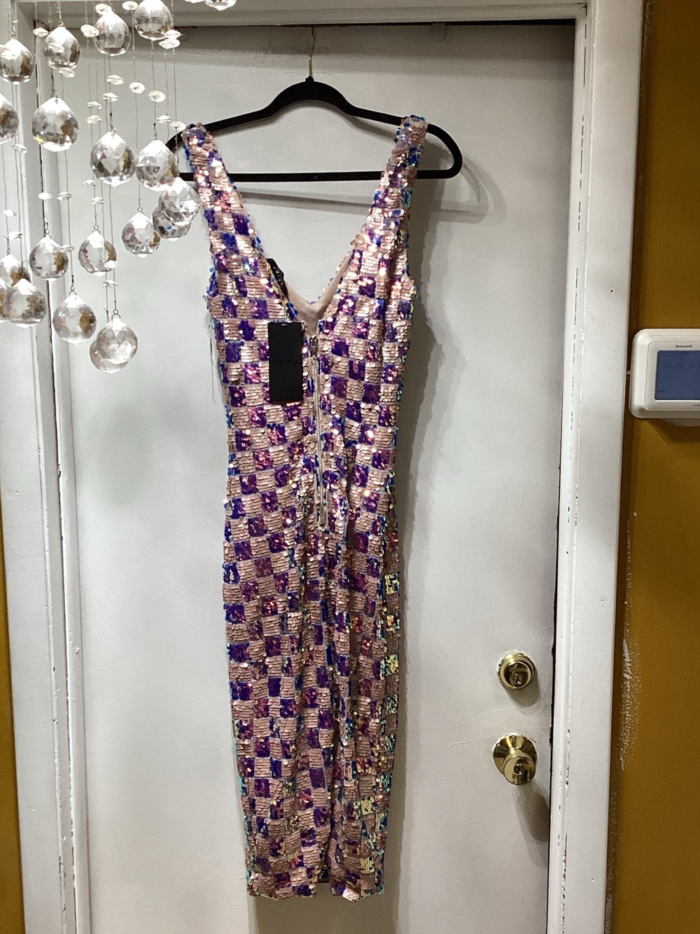 AKIRA Purple and Pink Sequin Checkered Midi Dress - Picture 2 of 3
